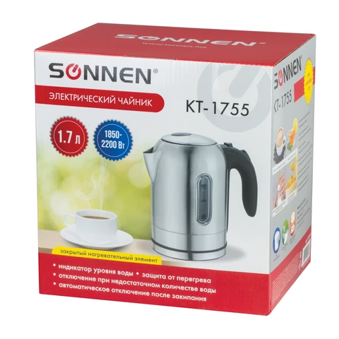 

Чайник SONNEN KT-1755 1.7л. 2200Вт, закрытая спираль, нержавеющая сталь, серебристый/черный (453419), KT-1755