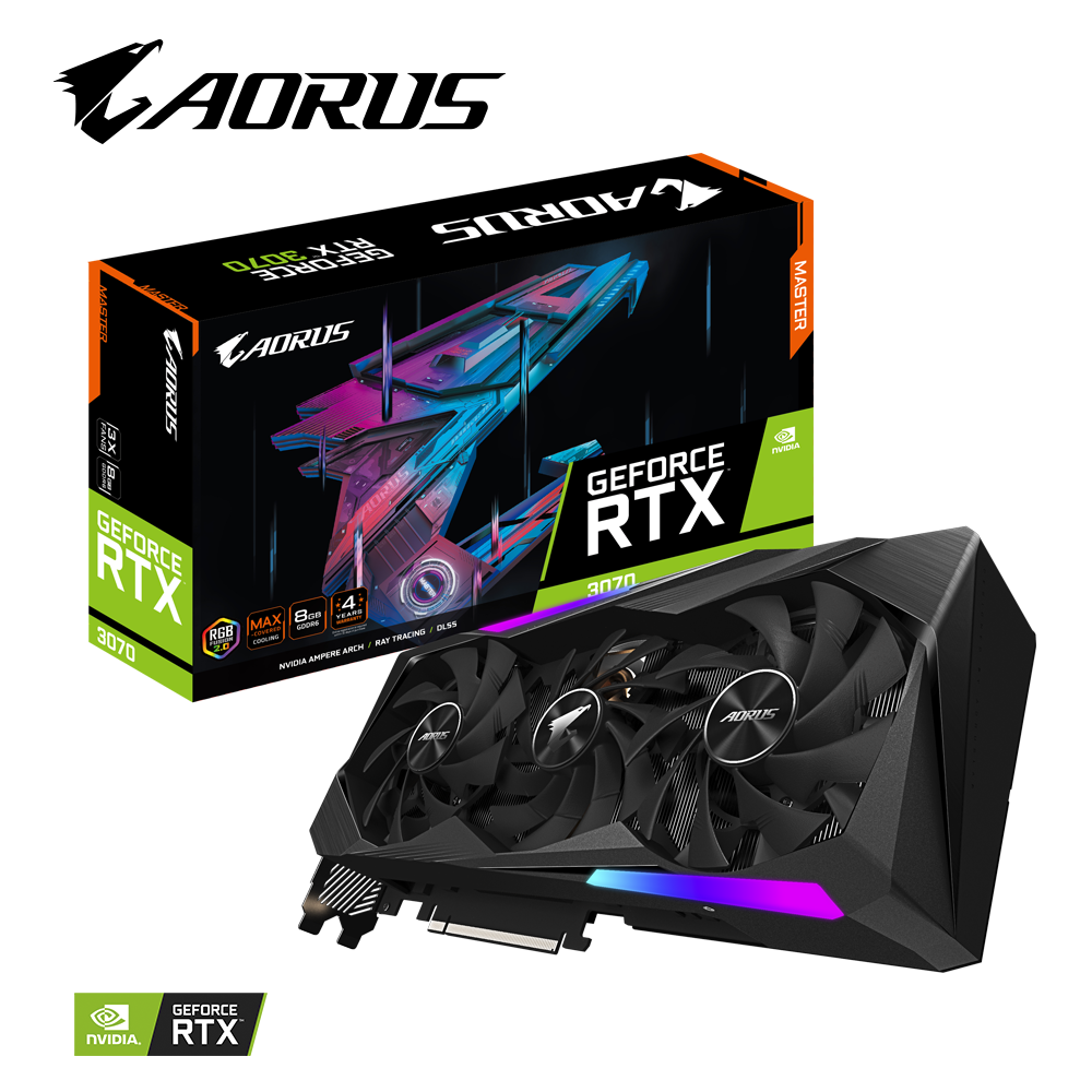 

Видеокарта GIGABYTE NVIDIA GeForce RTX 3070 AORUS MASTER, 8Gb DDR6, 256bit, PCI-E, 3HDMI, 3DP, Retail (GV-N3070AORUS M-8GD LHR), AORUS MASTER