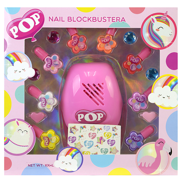 

Набор детской косметики Markwins "POP", 8 флакончиков лака для ногтей на водной основе, 1 устройство для сушки лака, 4 колечка, 2 заколки, 22 наклейки (1539014E), "POP"
