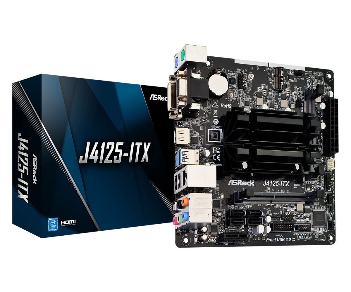 

Материнская плата ASRock J4125-ITX, SoC, Intel Celeron J4125, встроен в мат.плату, 2xDDR4 SODIMM, 4SATA3, 7.1-ch, GLAN, 4USB 3.2, VGA, DVI, HDMI, mini-ITX, Retail, J4125-ITX
