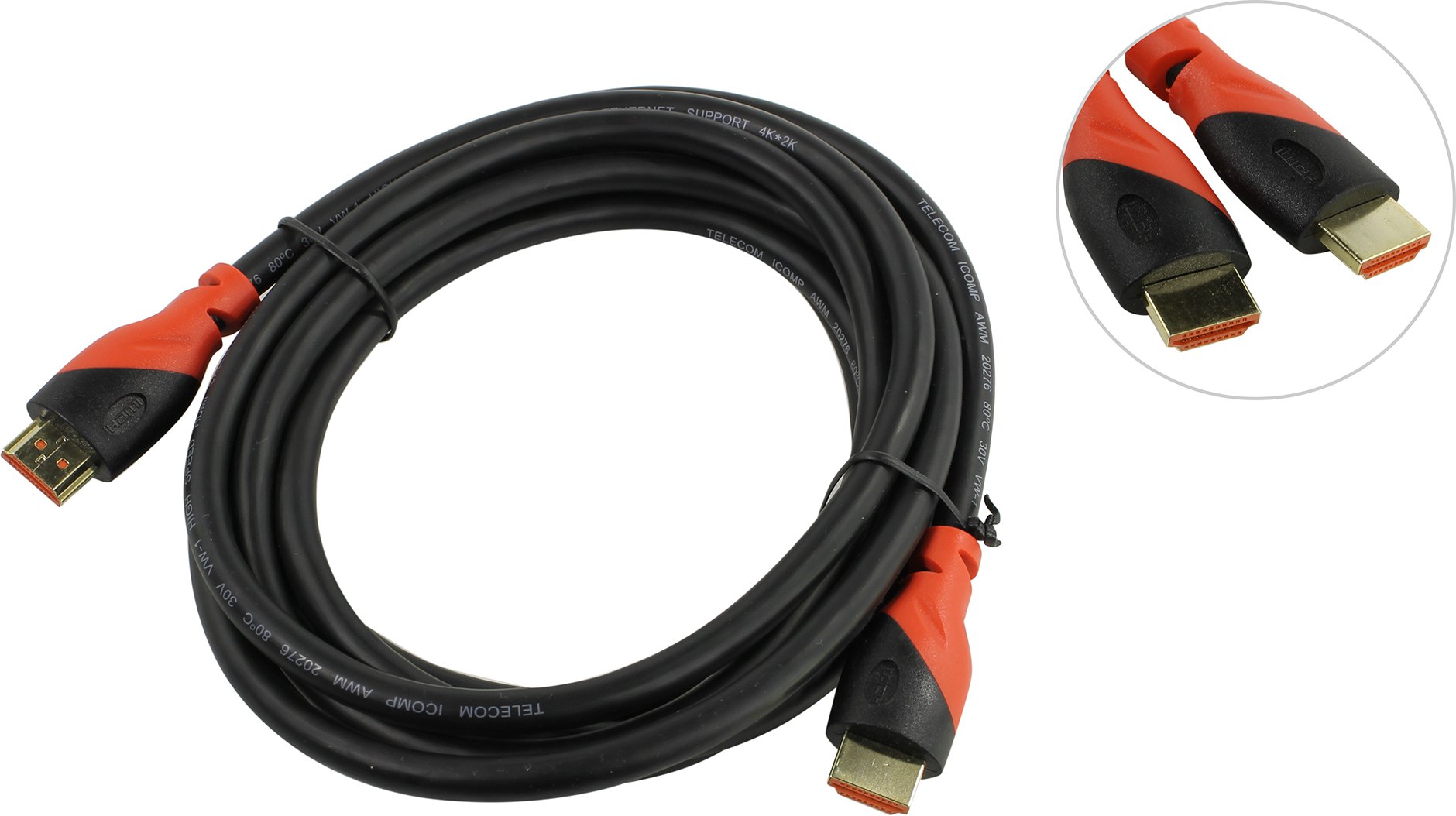 

Кабель HDMI(19M)-HDMI(19M) v2.0 4K, экранированный, 3 м, черный/красный Telecom TCG220 (TCG220-3M), TCG220