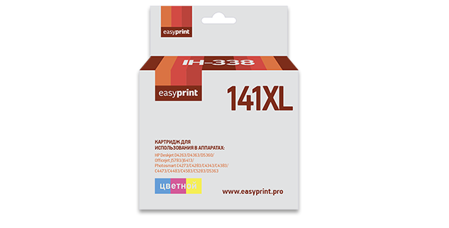 

Комплект картриджей струйный EasyPrint IH-338 (№141XL/CB338HE), цветной, совместимый, 580 страниц, для HP Dj D4263/D5360/Oj J5783/J6413/Photosmart C4273