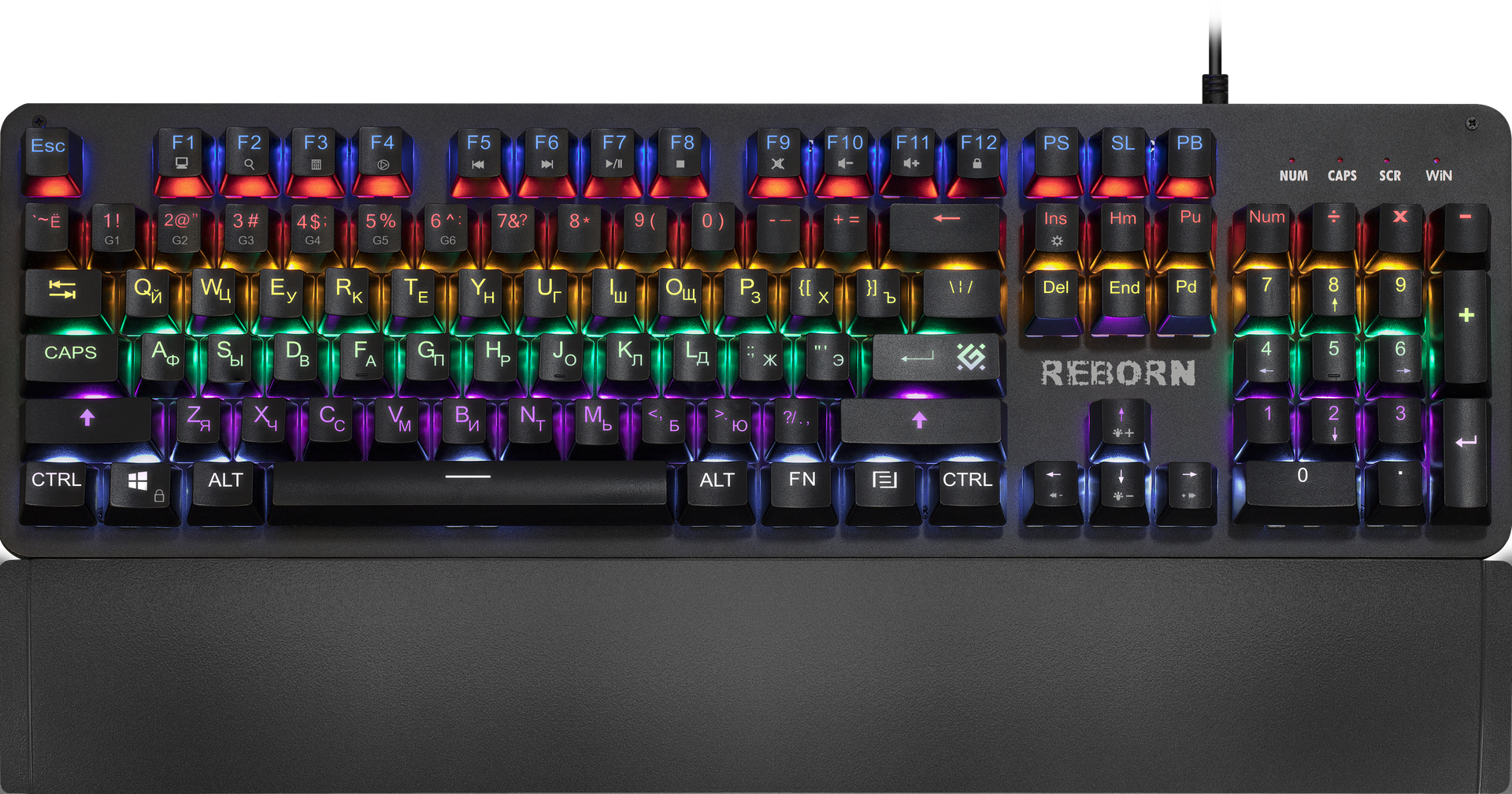 

Клавиатура проводная Defender REBORN GK-165DL, механическая, Jixian Blue, подсветка, USB, черный (45165), REBORN GK-165DL