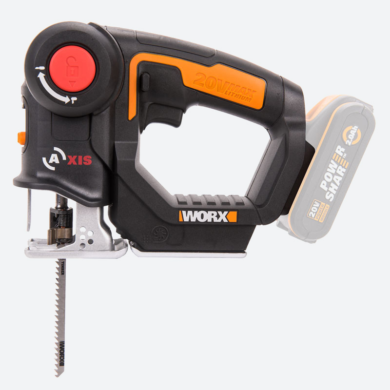 Аккумуляторный лобзик WORX WX550.9, аккумуляторный, регулировка частоты хода, сдув опилок, поставляется без аккумуляторов и зарядного устройства