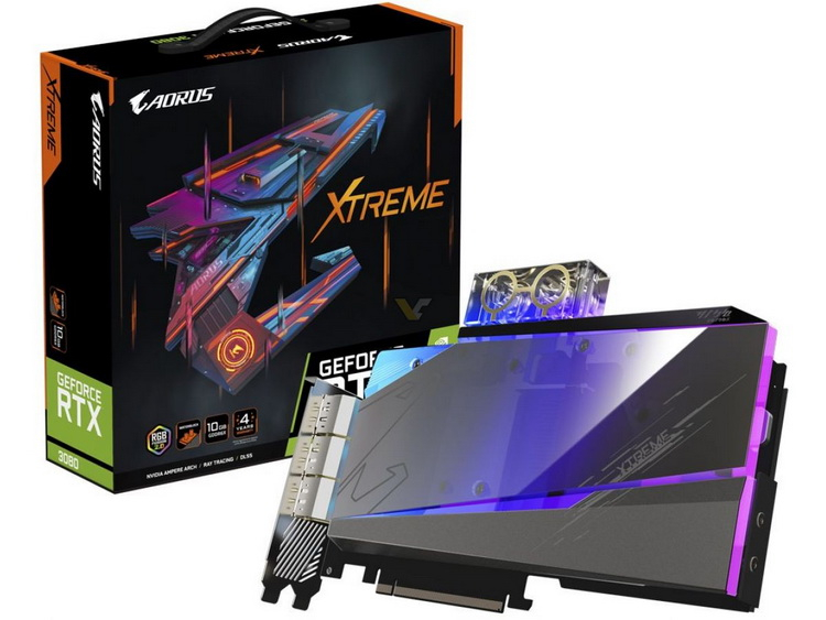 

Видеокарта GIGABYTE NVIDIA GeForce RTX 3080 AORUS XTREME WATERFORCE WB 10G, 10Gb DDR6X, 320bit, PCI-E, 3HDMI, 3DP, Retail (GV-N3080AORUSX WB-10GD LHR), AORUS XTREME WATERFORCE WB 10G