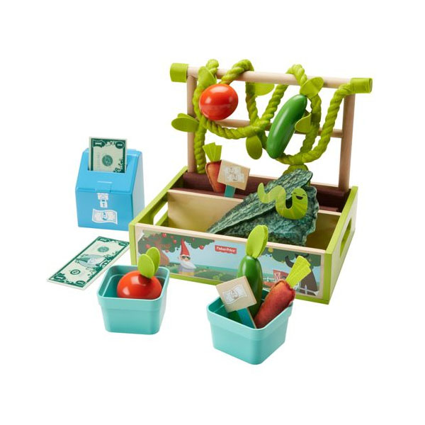 

Игровой набор Fisher Price "Фермер", ящик для посадки фруктов и овощей с ручкой, 2 деревянных рейки, овощи и фрукты, 2 корзины, 2 вывески с ценниками, 1 кассовый аппарат, 2 денежные купюры, фигурка червяка, разноцветный (GGT62), "Фермер"