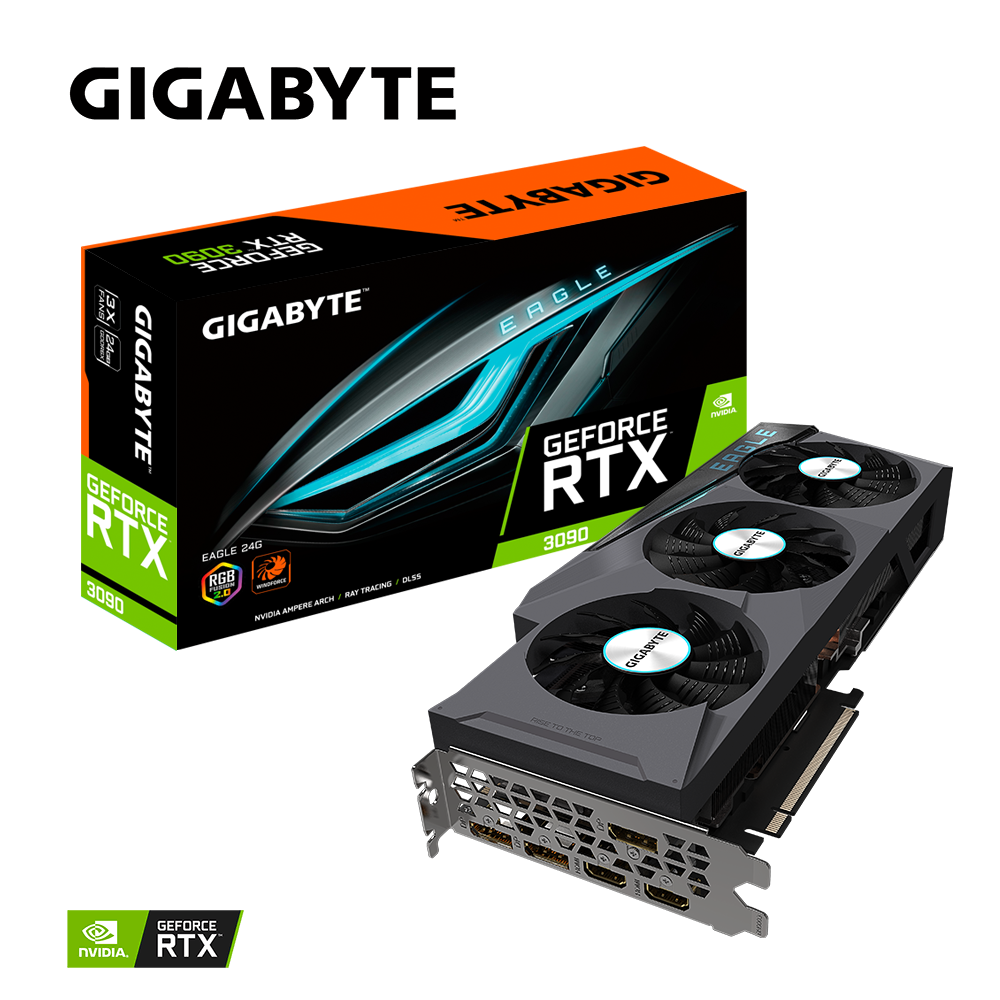 

Видеокарта GIGABYTE NVIDIA GeForce RTX 3090 EAGLE, 24Gb DDR6X, 384bit, PCI-E, 2HDMI, 3DP, Retail (GV-N3090EAGLE-24GD), EAGLE