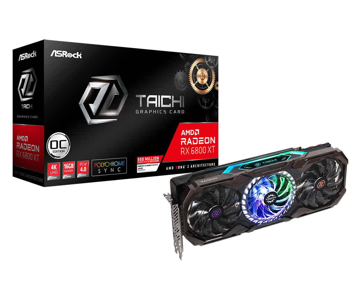 

Видеокарта ASRock AMD Radeon RX 6800 XT Taichi X OC, 16Gb DDR6, 256bit, PCI-E, HDMI, 2DP, USB Type-C, Retail (RX6800XT TCX 16GO), Taichi X OC