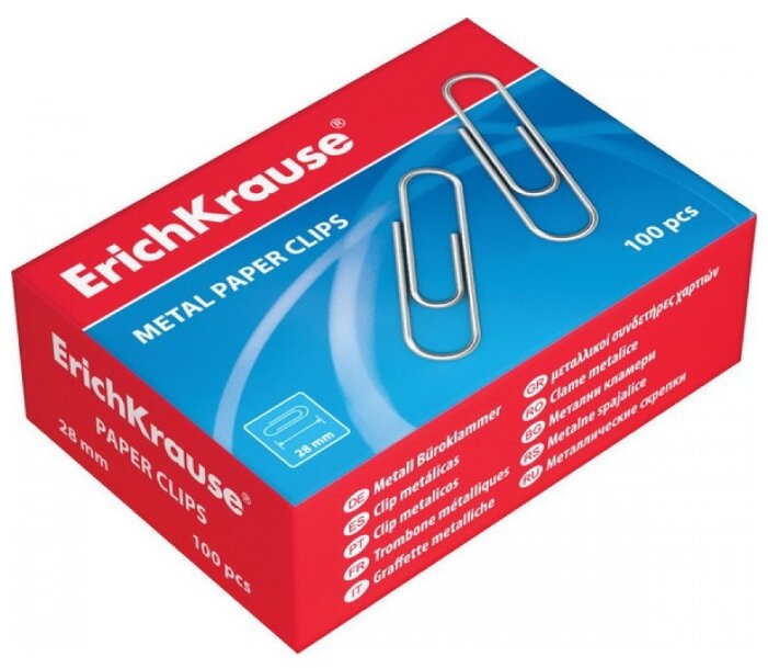 

Скрепки ErichKrause, металл, длина 28мм, коробка 100шт