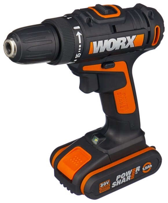 Шуруповерт WORX WX101, аккумуляторный, 30 Н·м, 1450 об/мин, 20V, 1.5 А·ч, Li-Ion, два акб, быстрозажимной патрон, 2кг