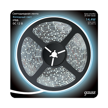 

Лента светодиодная LED 5050/60-SMD, 5м, SMD 5050, 14.4Вт на метр, 12V, 6500K, холодный белый, IP66 Gauss (311000314), LED 5050/60-SMD