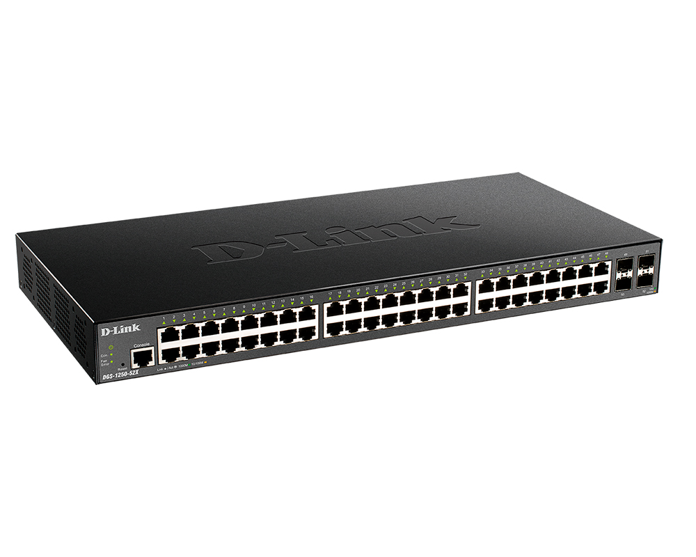 

Коммутатор D-link DGS-1250-52X, управляемый, кол-во портов: 48x1 Гбит/с, кол-во SFP/uplink: SFP+ 4x10 Гбит/с, установка в стойку (DGS-1250-52X/A1A), DGS-1250-52X