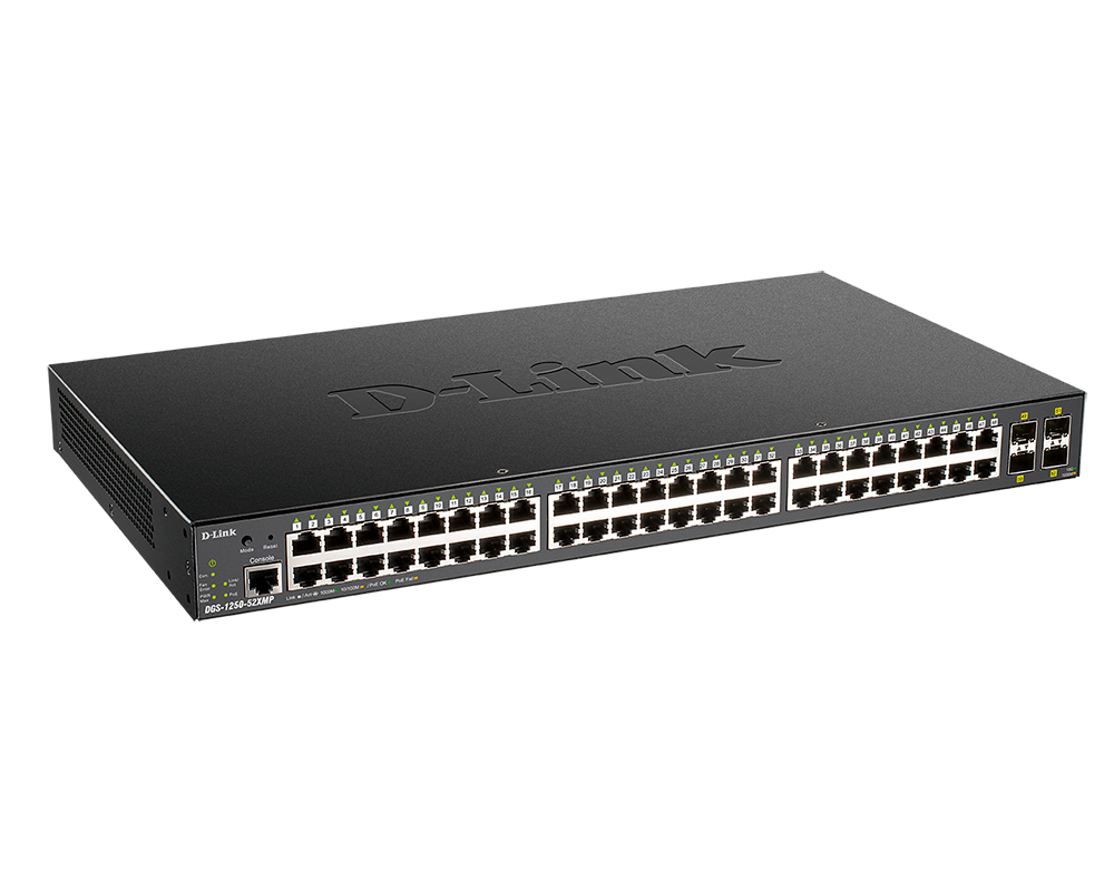 Коммутатор D-link DGS-1250-52XMP, кол-во портов: 48x1 Гбит/с, кол-во SFP/uplink: SFP+ 4x10 Гбит/с, установка в стойку, PoE: 48x30Вт (макс. 370Вт) (DGS-1250-52XMP/A1A)