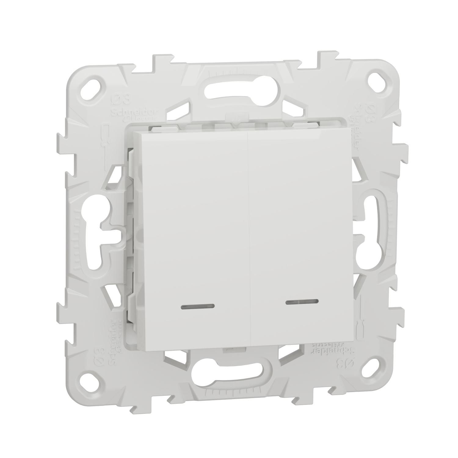 

Выключатель Schneider Electric Unica New, 2кл., индикатор/подсветка, скрытый монтаж, механизм с накладкой без рамки, белый (NU521118N)