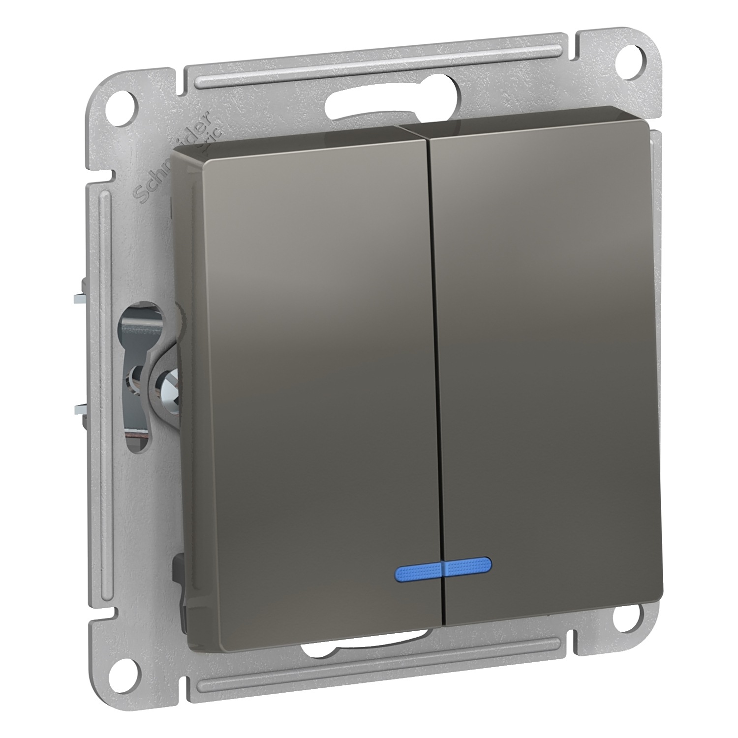 

Выключатель Schneider Electric AtlasDesign, 2кл., индикатор/подсветка, скрытый монтаж, механизм с накладкой без рамки, стальной (ATN000953)
