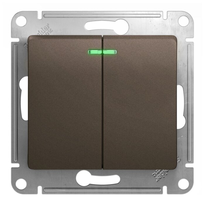 

Выключатель Schneider Electric GLOSSA, 2кл., индикатор/подсветка, скрытый монтаж, механизм с накладкой без рамки, шоколад (GSL000853)