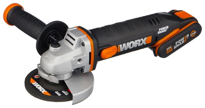 УШМ (болгарка) WORX WX800, аккумуляторная, 115мм, 8600 об/мин, Li-Ion, 20В, 2 А·ч, 2 Акб, кейс, 1.54кг