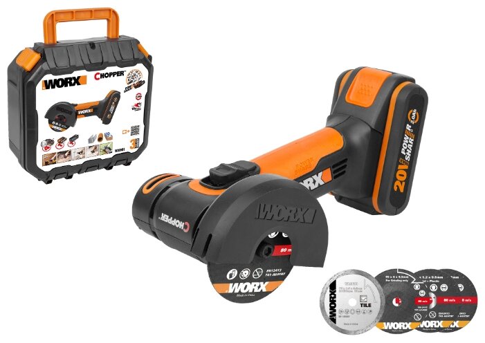 

WORX WX801, аккумуляторная, 76мм, 19000 об/мин, Li-Ion, 20В, 2 А·ч, кейс, 1.1кг, WX801