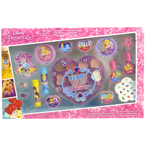 

Игровой набор детской декоративной косметики Markwins Princess, палитра из 10 оттенков кремовых теней для век; 4 баночки с блеском для губ; 2 футляра с блеском для губ; 2 футляра с двухцветными румянами; 2 флакона с лаком для ногтей на водной основе; 16 н