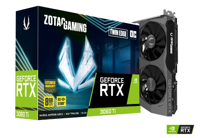 

Видеокарта ZOTAC NVIDIA GeForce RTX 3060Ti Twin Edge OC, 8Gb DDR6, 256 бит, PCI-E, HDMI, 3DP, Retail (ZT-A30610H-10M LHR), Twin Edge OC