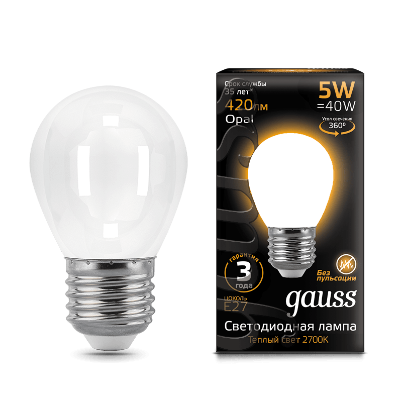 

Лампа светодиодная E27 шар, 5Вт, 2700K / теплый свет, 420лм, филаментная, Gauss Filament OPAL (105202105)