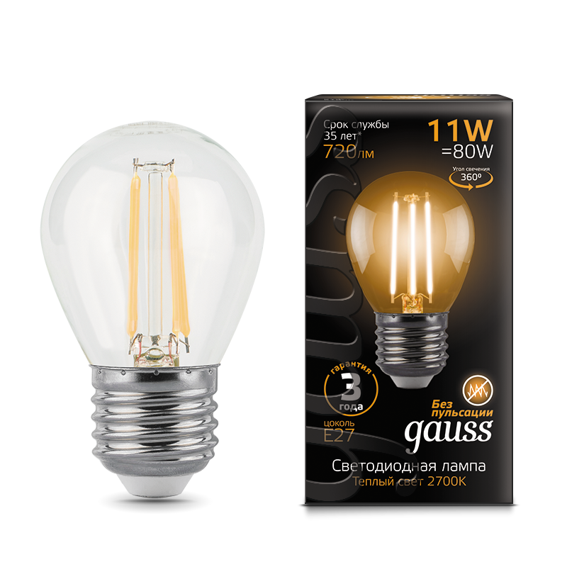 

Лампа светодиодная E27 шар, 11Вт, 2700K / теплый свет, 720лм, филаментная, Gauss Filament (105802111)