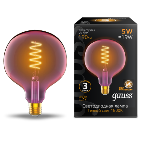 

Лампа светодиодная E27 шар/G125, 5Вт, 1800K / розовый, 190лм, филаментная, Gauss Filament Flexible (1011802105), 0
