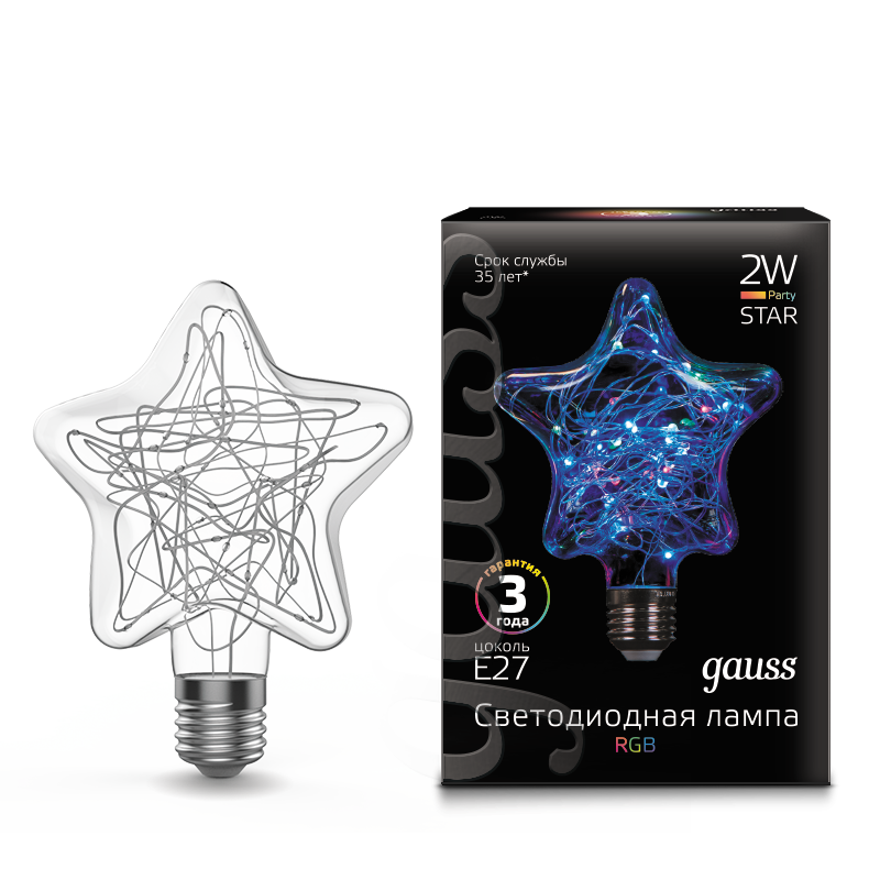 

Лампа светодиодная E27 звезда, 2Вт / RGB, Gauss Vintage Star (160802008), 0