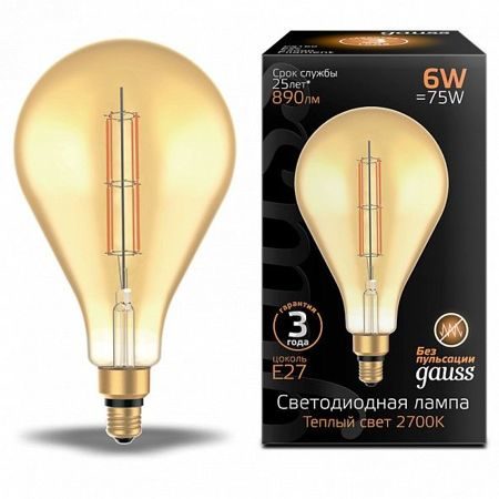 

Лампа светодиодная E27/ST164, 6Вт, 2700K / теплый свет, 890лм, филаментная, Gauss Vintage Filament Straight (ST164)
