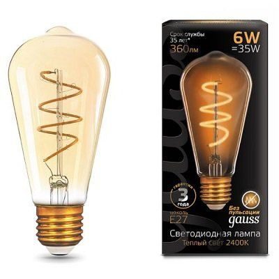 

Лампа светодиодная E27 -/ST64, 6Вт, 2400K / теплый свет, 360лм, филаментная, Gauss Filament (157802006), 0