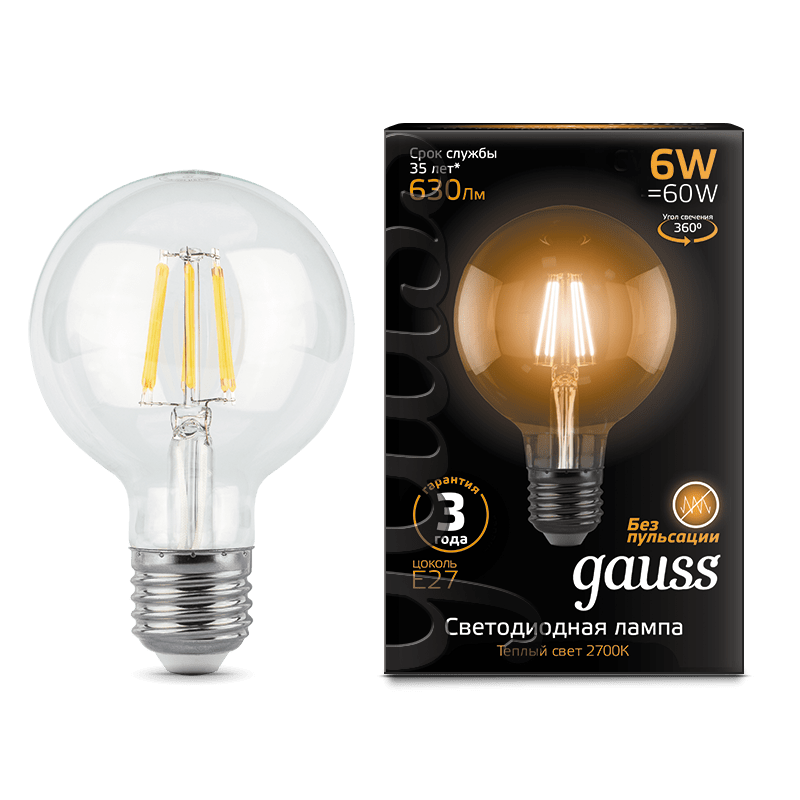

Лампа светодиодная E27 шар, 6Вт, 2700K / теплый свет, 630лм, филаментная, Gauss Filament (105802106)