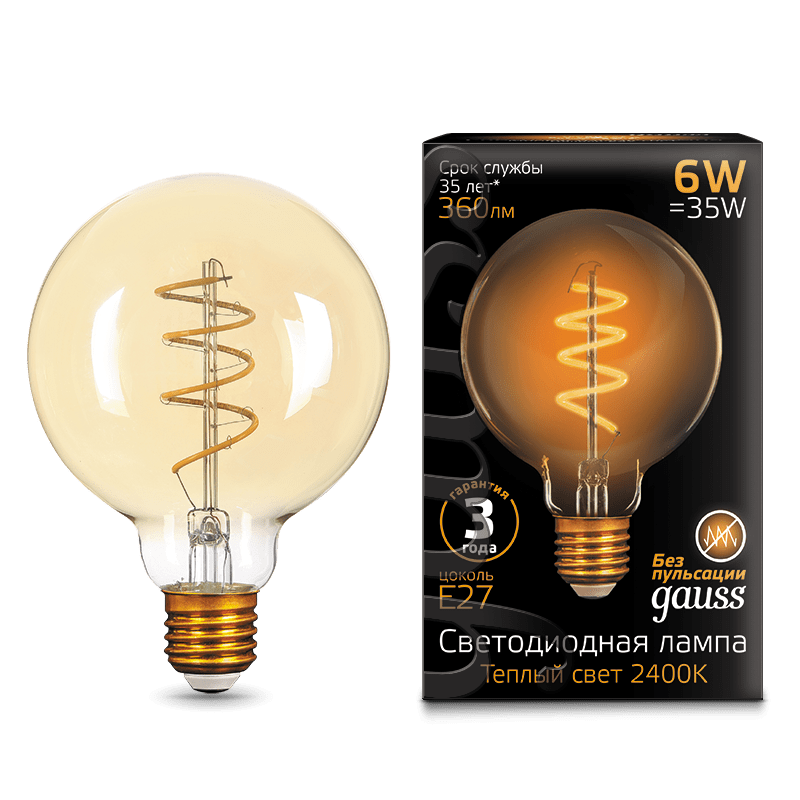 

Лампа светодиодная E27 шар/G95, 6Вт, 2400K / теплый свет, 360лм, Gauss Filament Flexible (105802007), 0
