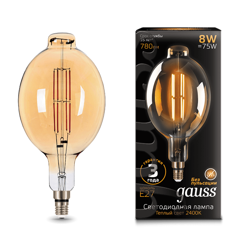 

Лампа светодиодная E27/BT180, 8Вт, 2400K / теплый свет, 780лм, филаментная, Gauss Vintage Filament (151802008)