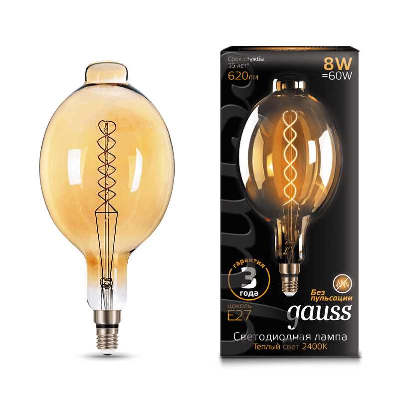 

Лампа светодиодная E27/BT180, 8Вт, 2400K / теплый свет, 620лм, филаментная, Gauss Vintage Filament Flexible (152802008)
