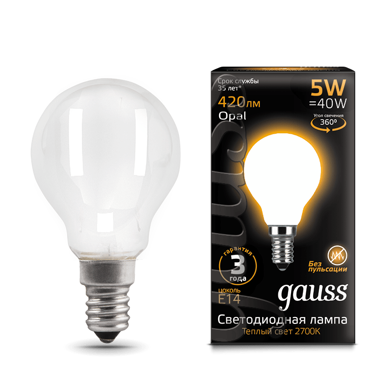 

Лампа светодиодная E14 шар, 5Вт, 2700K / теплый свет, 420лм, филаментная, Gauss Filament OPAL (105201105)
