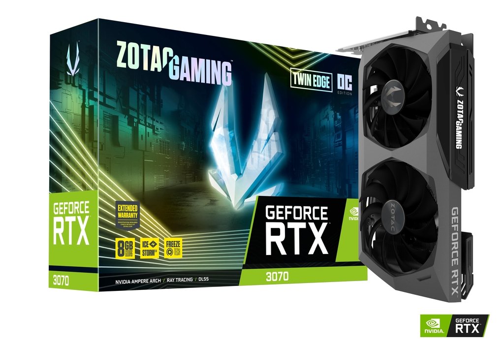 

Видеокарта ZOTAC NVIDIA GeForce RTX 3070 Twin Edge OC, 8Gb DDR6, 256bit, PCI-E, HDMI, 3DP, Retail (ZT-A30700H-10P LHR), Twin Edge OC