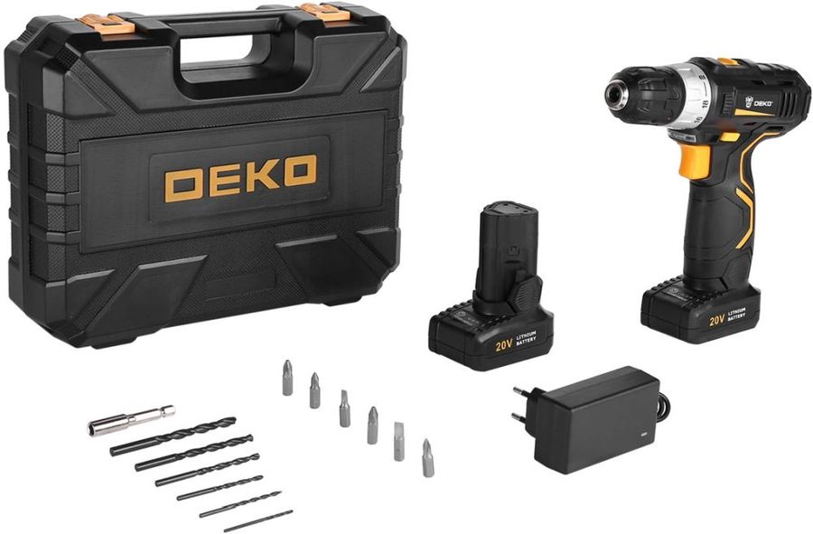 Дрель-шуруповерт DEKO GCD20DU3 SET 4, аккумуляторный, 40 Н·м, 1500 об/мин, 12V, 2 А·ч, Li-Ion, два акб, быстрозажимной патрон, кейс, 2.1кг (063-4144)