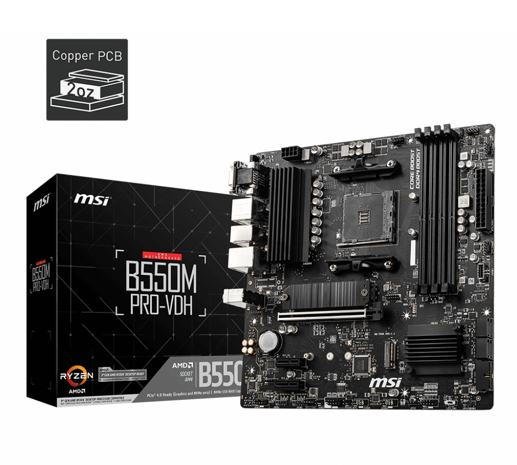 Материнская плата MSI B550M PRO-VDH, SocketAM4, AMD B550, 4xDDR4, PCI-Ex16, 4SATA3, 7.1-ch, GLAN, 6USB 3.2, USB Type-C, VGA, HDMI, DisplayPort, mATX, Retail