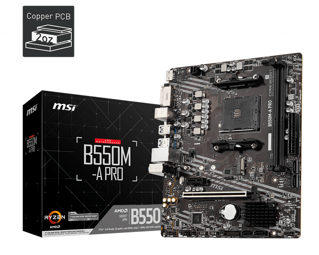 

Материнская плата MSI B550M-A PRO, SocketAM4, AMD B550, 2xDDR4, PCI-Ex16, 4SATA3, 7.1-ch, GLAN, 6USB 3.2, DVI, HDMI, mATX, Retail, B550M-A PRO