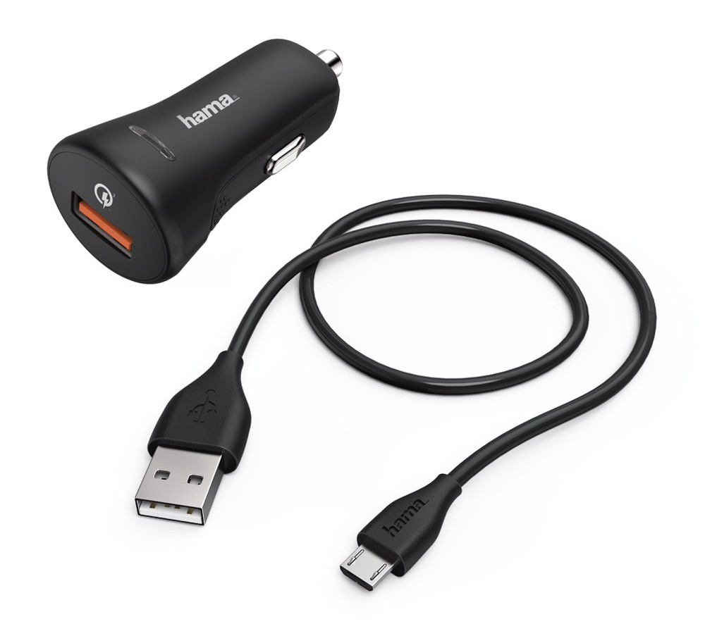 Автомобильное зарядное устройство Hama H-178337, USB, 3А, QC, кабель microUSB, черный (00178337)