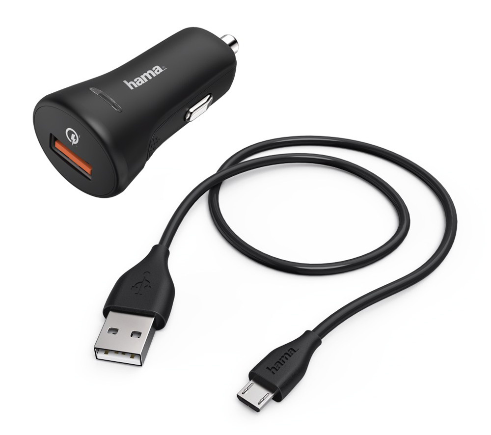 

Автомобильное зарядное устройство Hama H-178337, USB, 3А, QC, кабель microUSB, черный (00178337), H-178337