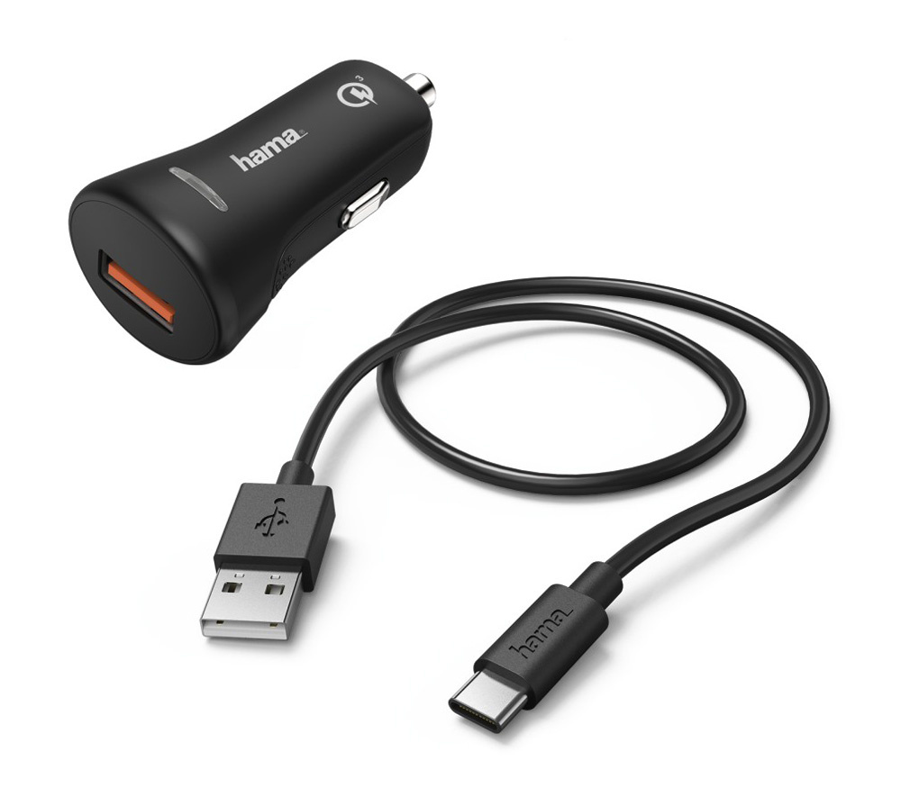 Автомобильное зарядное устройство Hama H-183231, USB, 3A, QC, кабель USB Type-C, черный (00183231)