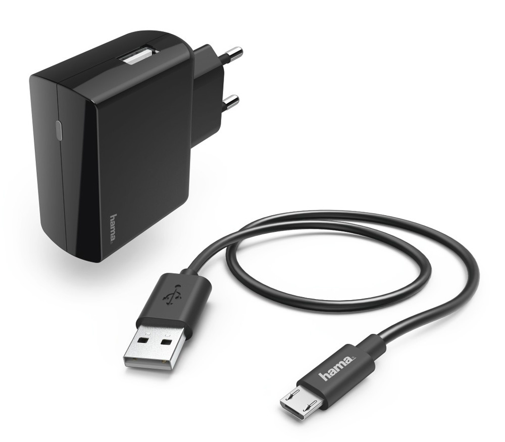 Сетевое зарядное устройство Hama H-183245, 1USB, 2.4A, черный (00183245), кабель microUSB - фото 1