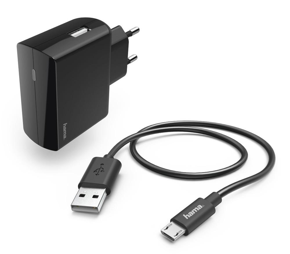 

Сетевое зарядное устройство Hama H-183245, 1USB, 2.4A, черный (00183245), кабель microUSB, H-183245