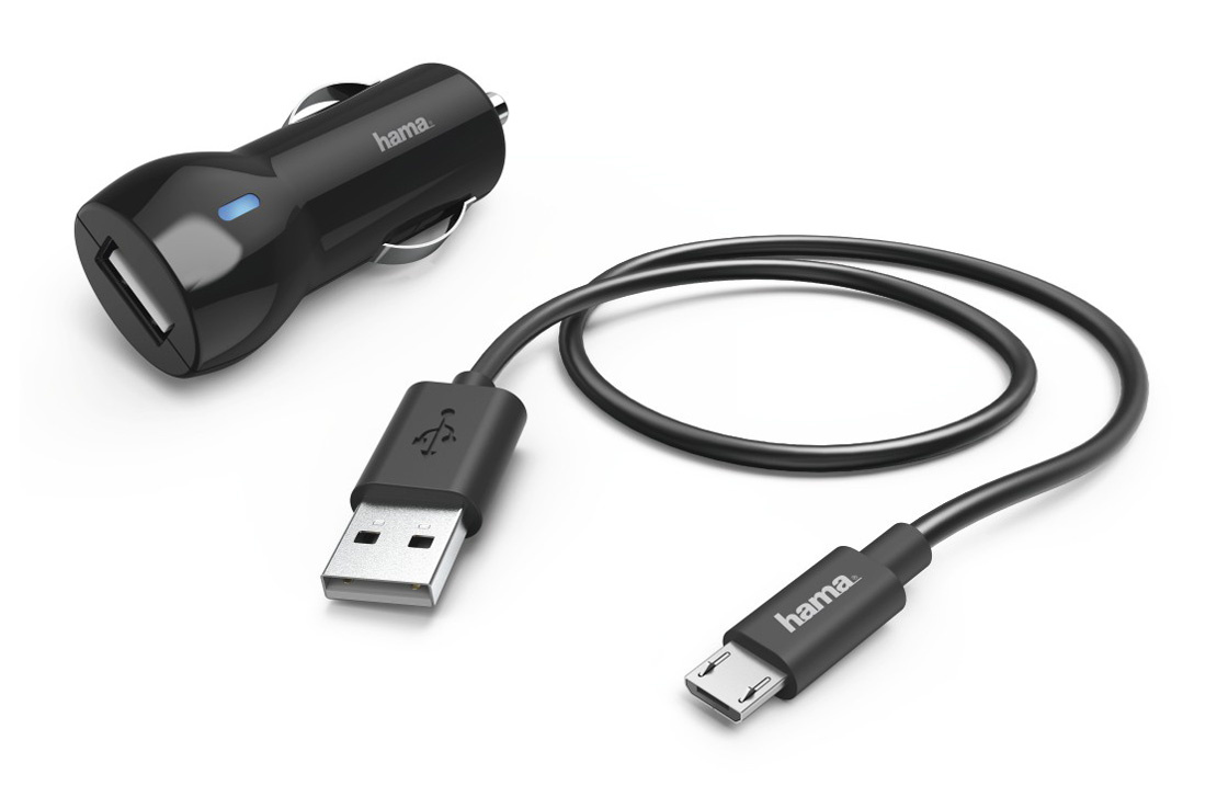 Автомобильное зарядное устройство Hama H-183246, USB, 2.4A, кабель microUSB, черный (00183246)