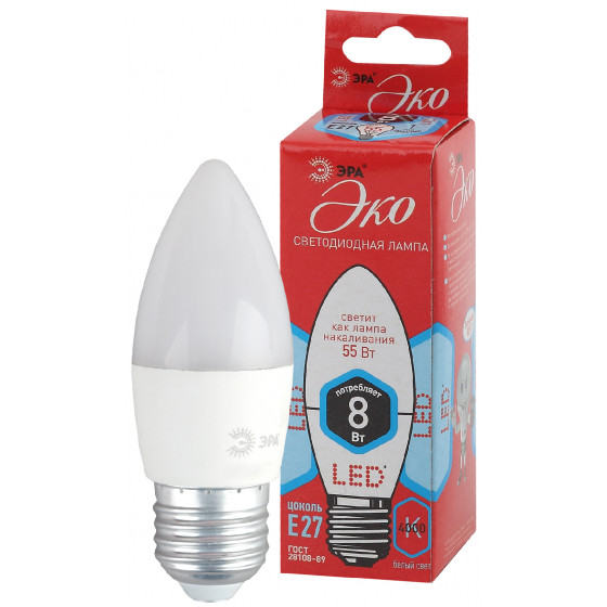 

Лампа светодиодная E27 свеча/B35, 8Вт, 4000K / нейтральный свет, 640лм, ЭРА LED B35-8W-840-E27 ECO (Б0030021), LED B35-8W-840-E27