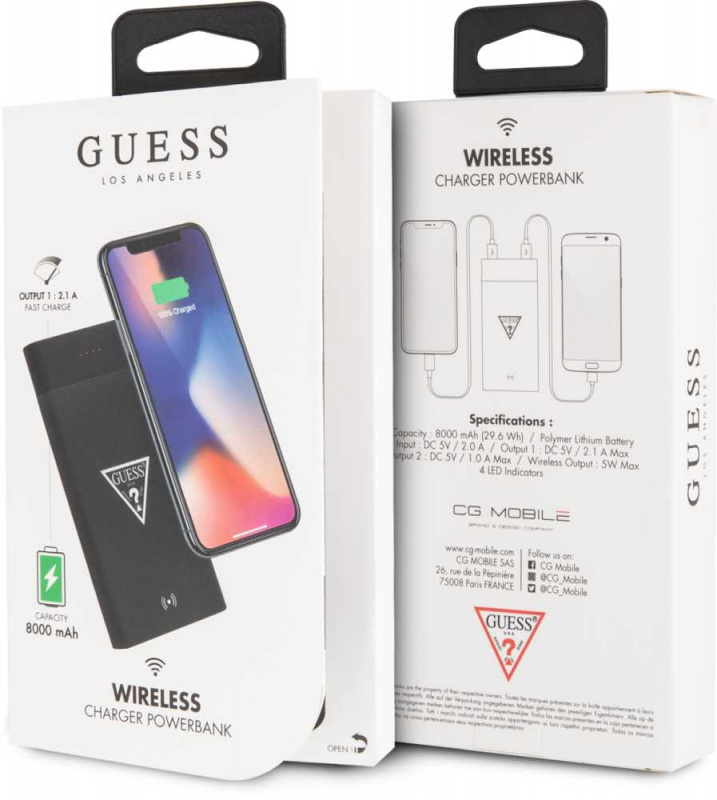 

Портативный аккумулятор (Powerbank) CG Mobile Guess, 8000mAh, 2xUSB, 2.1A, QI, черный (GUL24WPB8TLBK), Guess