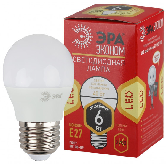 

Лампа светодиодная E27 шар/P45, 6Вт, 2700K / теплый свет, 480лм, ЭРА LED P45-6W-827-E27 ECO (Б0020629), LED P45-6W-827-E27