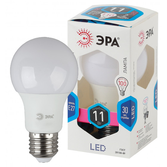 

Лампа светодиодная E27 груша/A60, 11Вт, 4000K / нейтральный свет, 880лм, ЭРА LED A60-11W-840-E27 (Б0029821), LED A60-11W-840-E27