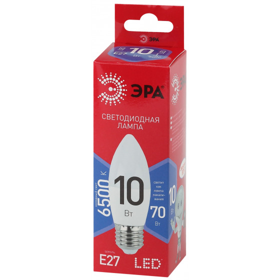 

Лампа светодиодная E27 свеча/B35, 10Вт, 6500K / холодный свет, 800лм, ЭРА LED B35-10W-865-E27 R (Б0045338), LED B35-10W-865-E27 R